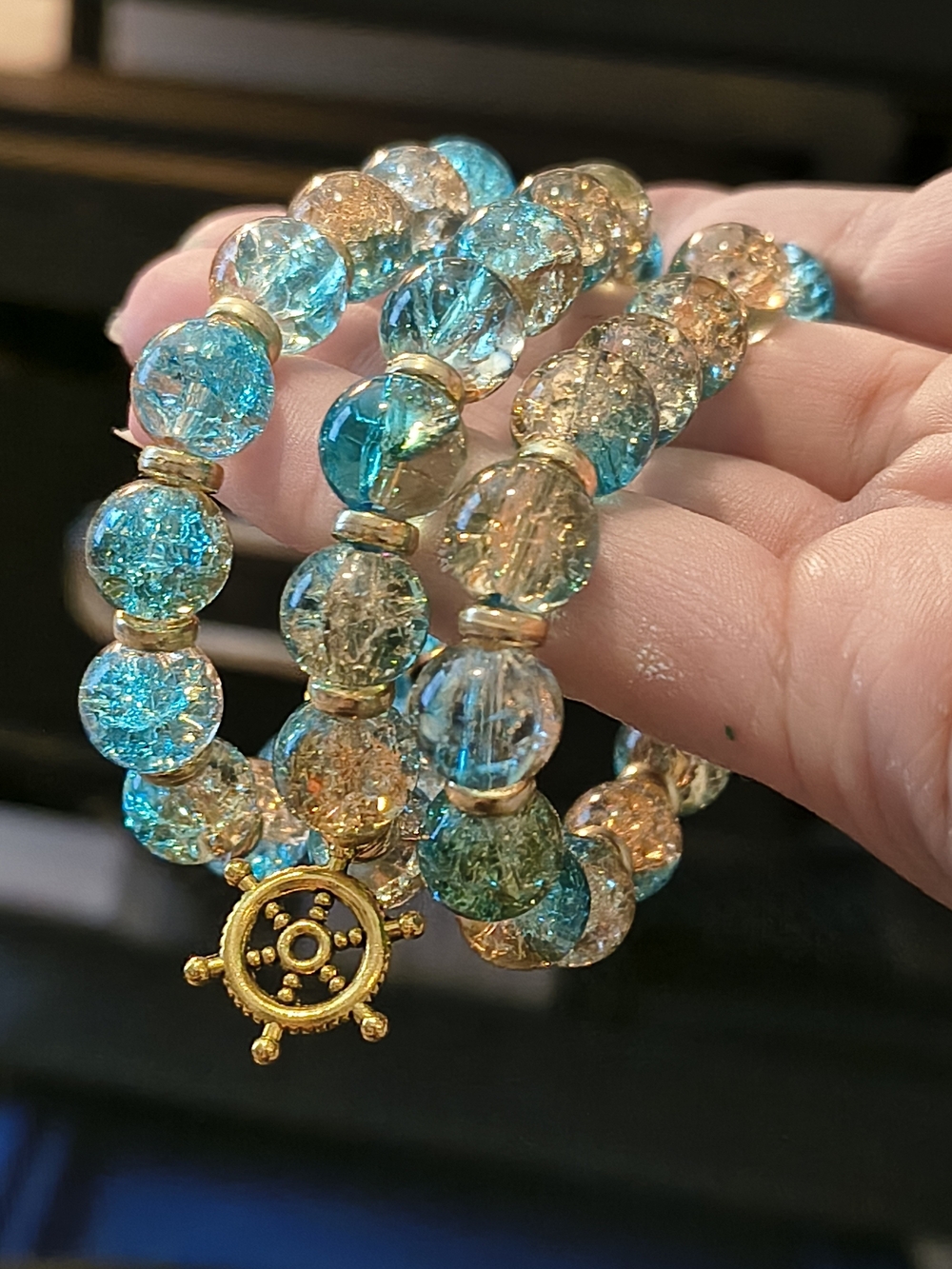 Gold & Turquoise & Amber Glass Bracelet with Ship Wheel Charm